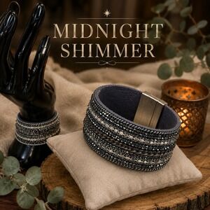 Wide Gray Crystal Cuff Bracelet Magnetic Clasp Rhinestone Layered Glam Boho Chic